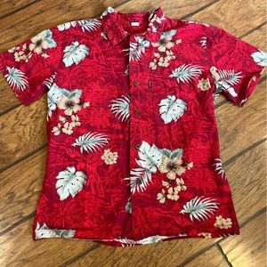 Palmwave Hawaiian Shirt mens L red button up floral cotton tropical beach nice!